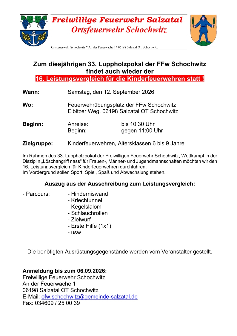 Leistungsvergleich der Kinderfeuerwehren in Schochwitz 12.09.2026